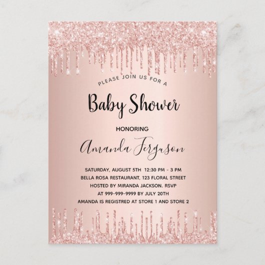 Baby shower roos goud glitter druppelt meisje uitnodiging briefkaart (Voorkant)
