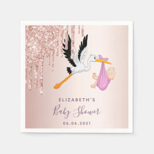 Baby shower roos goud glitter druppelt ooievaar servet