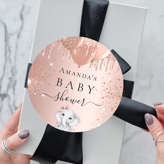 Baby shower roos goud glitter olifant meisje ronde sticker
