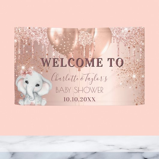 Baby shower roos goud glitter olifant meisje spandoek