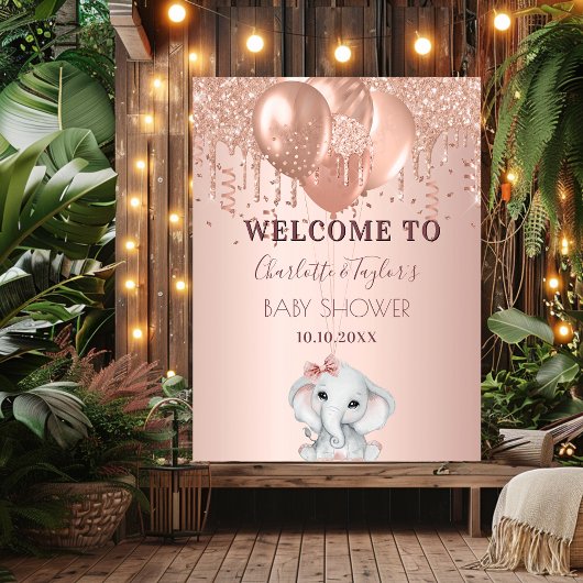 Baby shower roos goud glitterolifant welkom poster