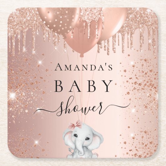 Baby shower roos goud glitterolifantenballonnen kartonnen onderzetters (Voorkant)