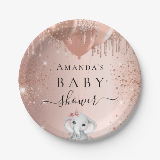 Baby shower roos goud glitterolifantenballonnen papieren bordje (Voorkant)