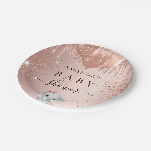 Baby shower roos goud glitterolifantenballonnen papieren bordje (Gekanteld)