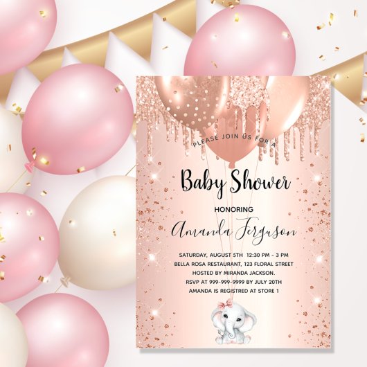Baby shower roos goud glitterolifantenballonnen uitnodiging briefkaart