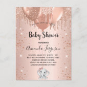Baby shower roos goud glitterolifantenballonnen uitnodiging briefkaart (Voorkant)