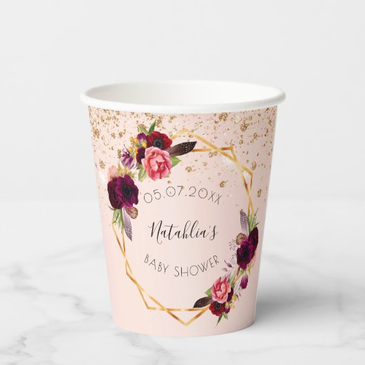 Baby shower roos goudbruinbloemigen glitter papieren bekers (Achterkant)
