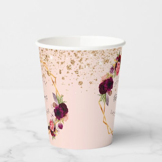 Baby shower roos goudbruinbloemigen glitter papieren bekers (Links)