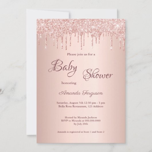 Baby shower roos goudbruine glitterdrip kaart (Voorkant)