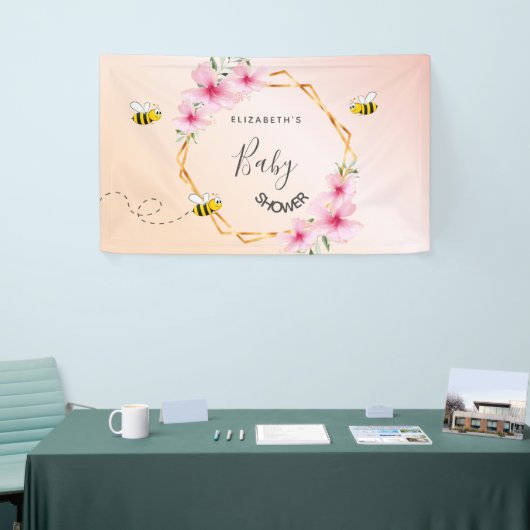 Baby shower roos goudbruine roze florale bloem om  spandoek (Beurs)