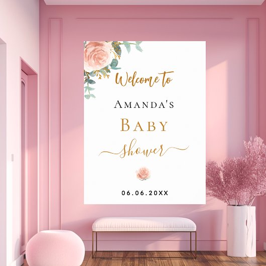 Baby shower roos gouden bloemeneucalyptus welkom poster
