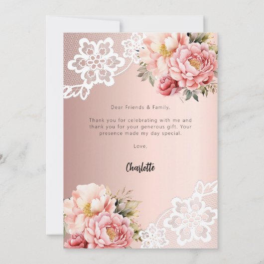 Baby shower roos Gouden Bloemenkant Dank u kaart (Achterkant)