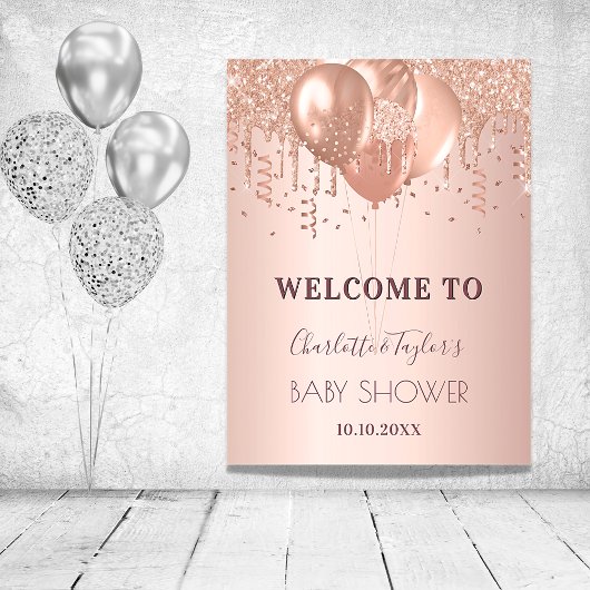 Baby shower roos gouden blush ballonnen welkom poster