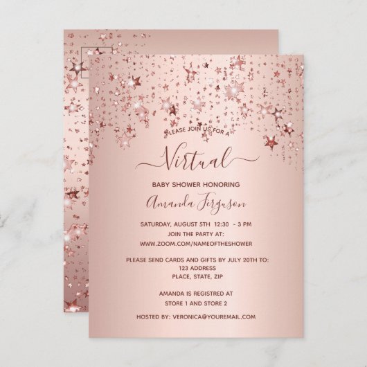 Baby shower roos gouden dripsterren virtuele sterr briefkaart (Voorkant / Achterkant)