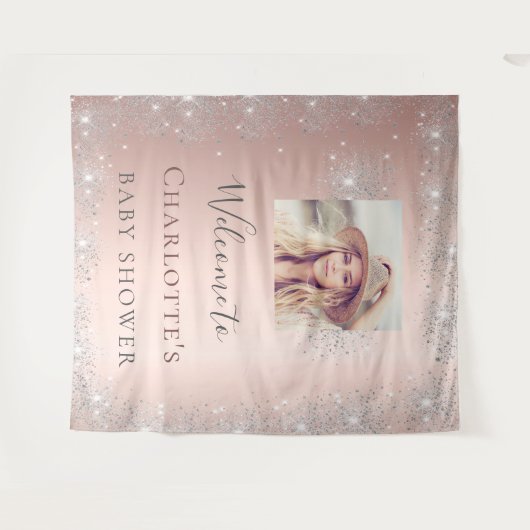 Baby shower roos gouden foto zilverglitter wandkleed (Voorkant (horizontaal))