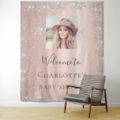 Baby shower roos gouden foto zilverglitter wandkleed (In situ)