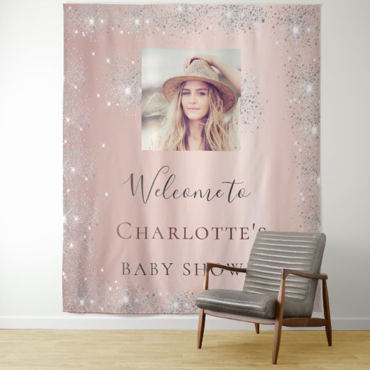 Baby shower roos gouden foto zilverglitter wandkleed (In situ)