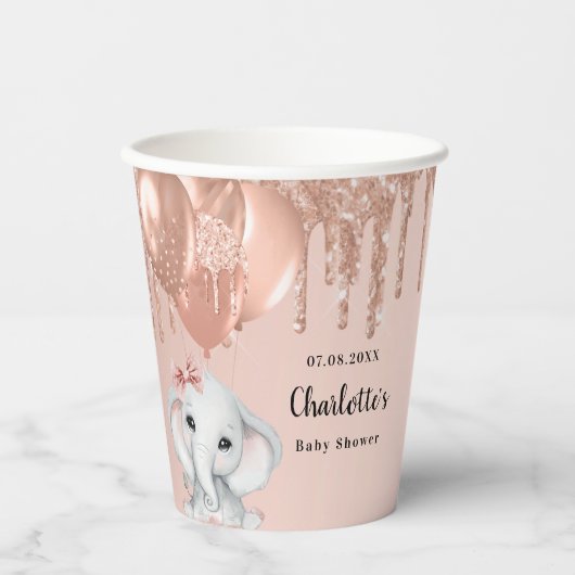 Baby shower roos gouden olifant meisje ballonnen papieren bekers (Voorkant)