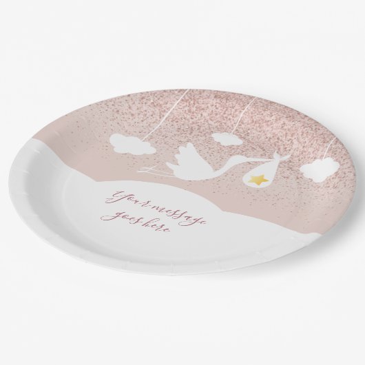 Baby shower Roos gouden ster glitter ooievaar Papieren Bordje (Gekanteld)
