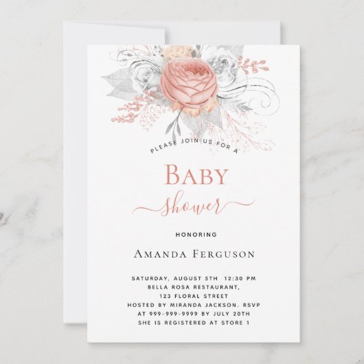 Baby shower roos gouden zilverwitte floralen elega kaart (Voorkant)