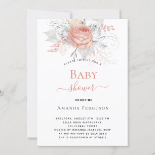 Baby shower roos gouden zilverwitte floralen elega kaart