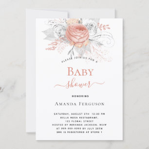 Baby shower roos gouden zilverwitte floralen elega kaart