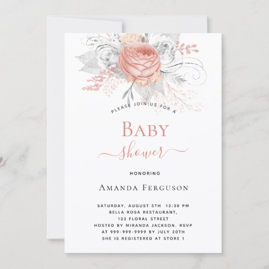 Baby shower roos gouden zilverwitte floralen elega kaart (Voorkant)