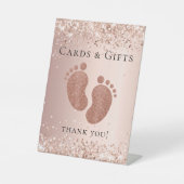 Baby shower roos goudglitter voetkaarten cadeaus reclamebord met voetstuk (Voorkant)