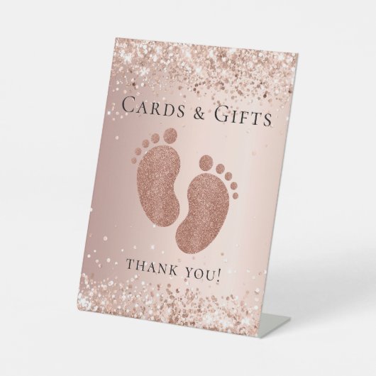 Baby shower roos goudglitter voetkaarten cadeaus reclamebord met voetstuk (Voorkant)