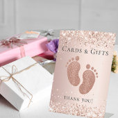 Baby shower roos goudglitter voetkaarten cadeaus reclamebord met voetstuk