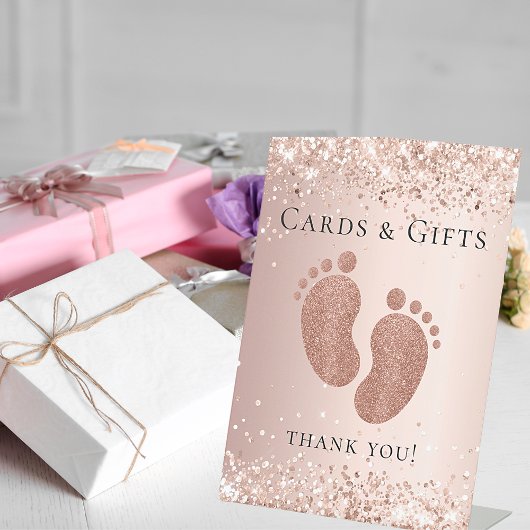 Baby shower roos goudglitter voetkaarten cadeaus reclamebord met voetstuk