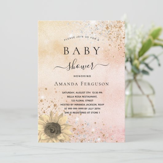 Baby shower roos goudhoudende zonnebloempitter kaart (Staand voorkant)