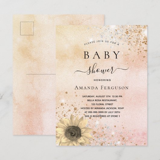 Baby shower roos goudhoudende zonnebloempitter uitnodiging briefkaart (Voorkant / Achterkant)