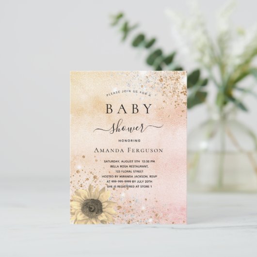Baby shower roos goudhoudende zonnebloempitter uitnodiging briefkaart (Staand voorkant)