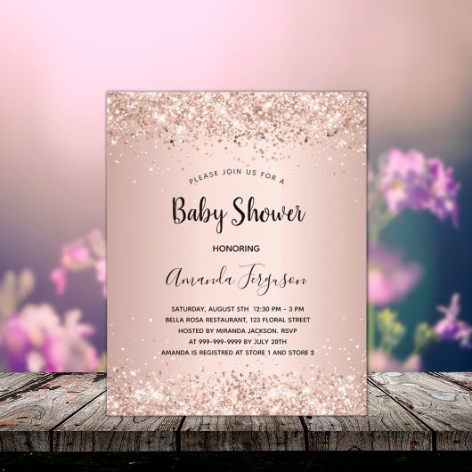 Baby shower roos goudmeisje begrotingsuitnodiging