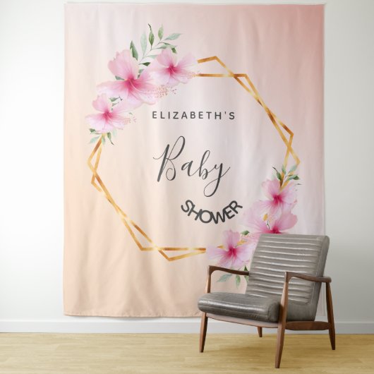 Baby shower roos goudzwarte roze floralen geometri wandkleed (In situ)