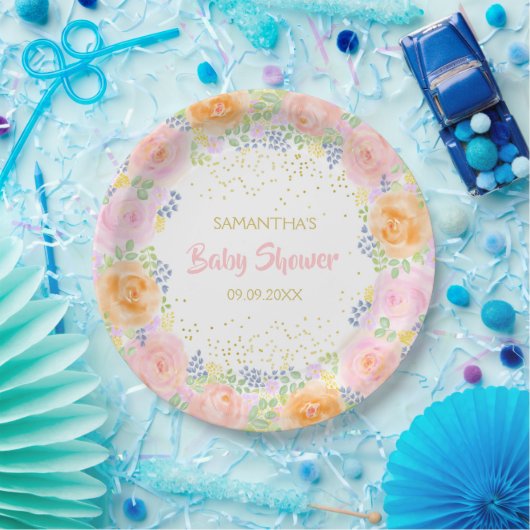 Baby shower Roses Waterverf Floral Girly Papieren Bordje (Feest)