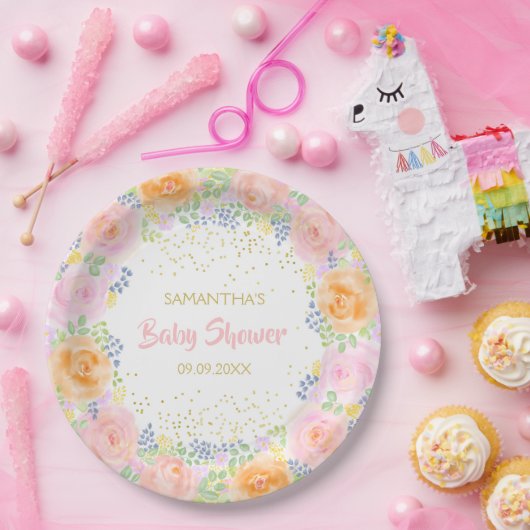 Baby shower Roses Waterverf Floral Girly Papieren Bordje (Feest)