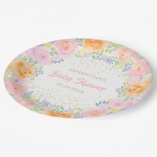 Baby shower Roses Waterverf Floral Girly Papieren Bordje (Gekanteld)