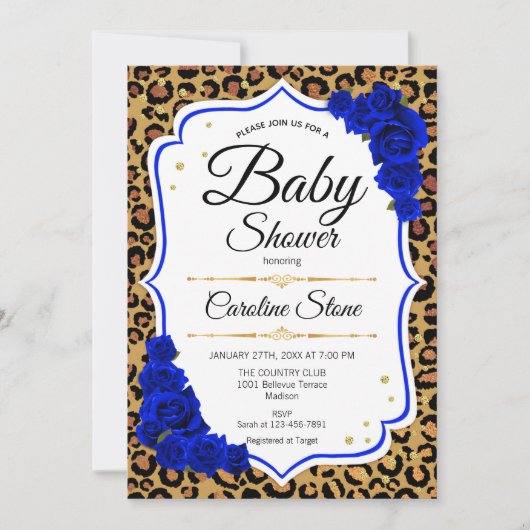 Baby shower - Royal Blue Gold Leopard Print Kaart (Voorkant)
