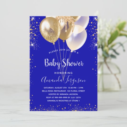 Baby shower royal blue goudballonnen kaart (Staand voorkant)