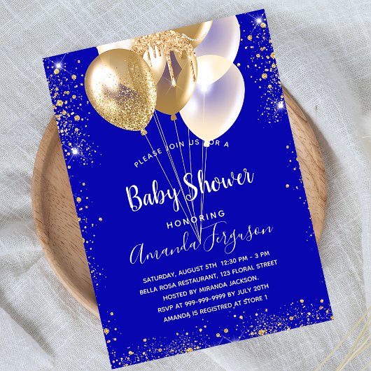 Baby shower royal blue goudballonnen kaart