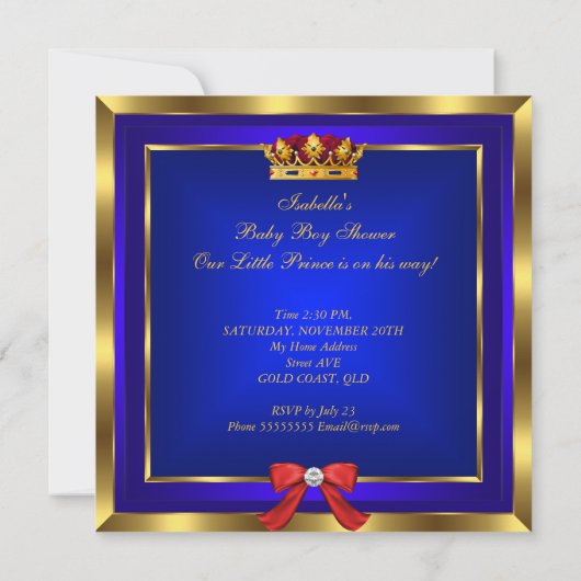 Baby shower Royal Red Blue Boy kroonprins 2 Kaart (Achterkant)
