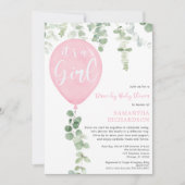 Baby shower roze ballon eucalyptus kaart (Voorkant)