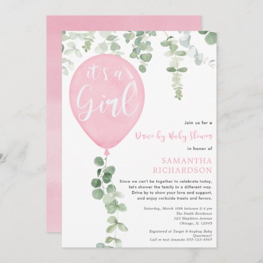 Baby shower roze ballon eucalyptus kaart (Voorkant / Achterkant)