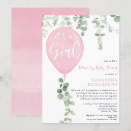 Baby shower roze ballon eucalyptus kaart