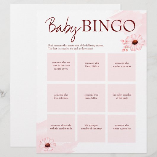 Baby shower roze bingo gepersonaliseerde sjabloon briefhoofd (Voorkant / Achterkant)