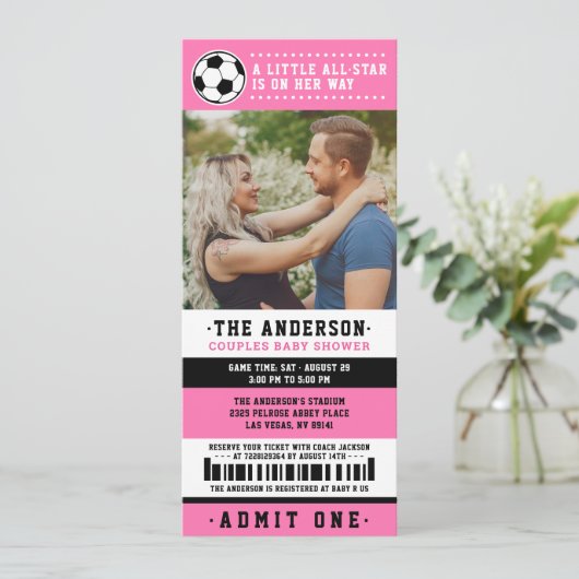 Baby shower Roze Black Soccer Ticket Couples Kaart (Staand voorkant)