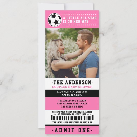 Baby shower Roze Black Soccer Ticket Couples Kaart (Voorkant)
