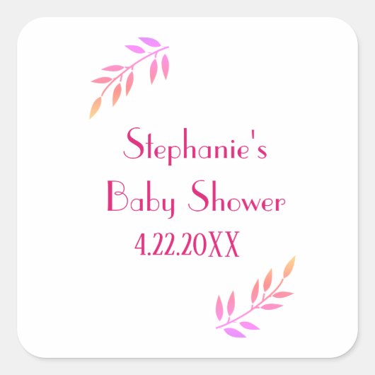 Baby shower Roze Bladpatroon Meisjes Meisje Schatt Vierkante Sticker (Voorkant)